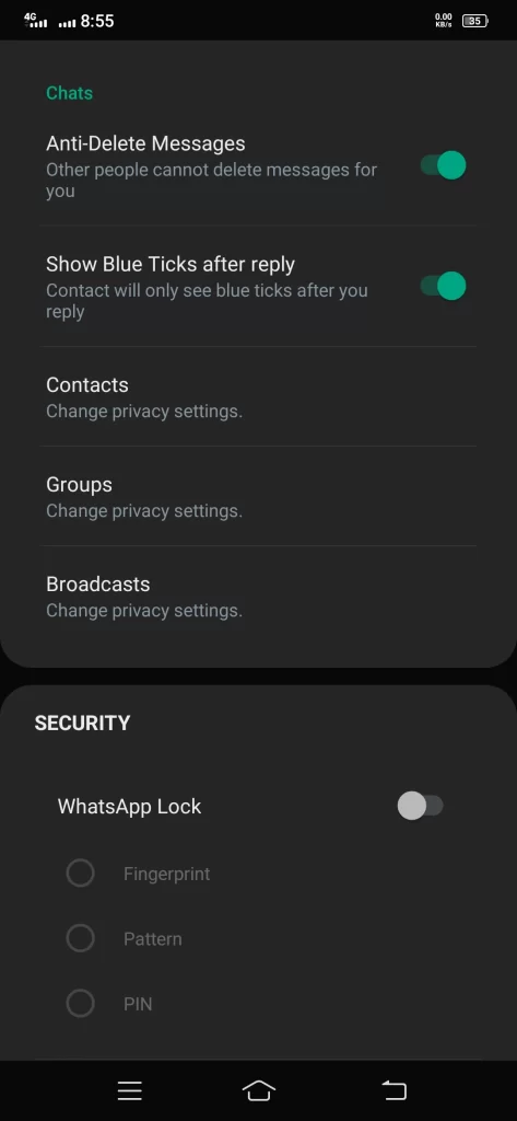 Personal Security Features of fm whatsapp